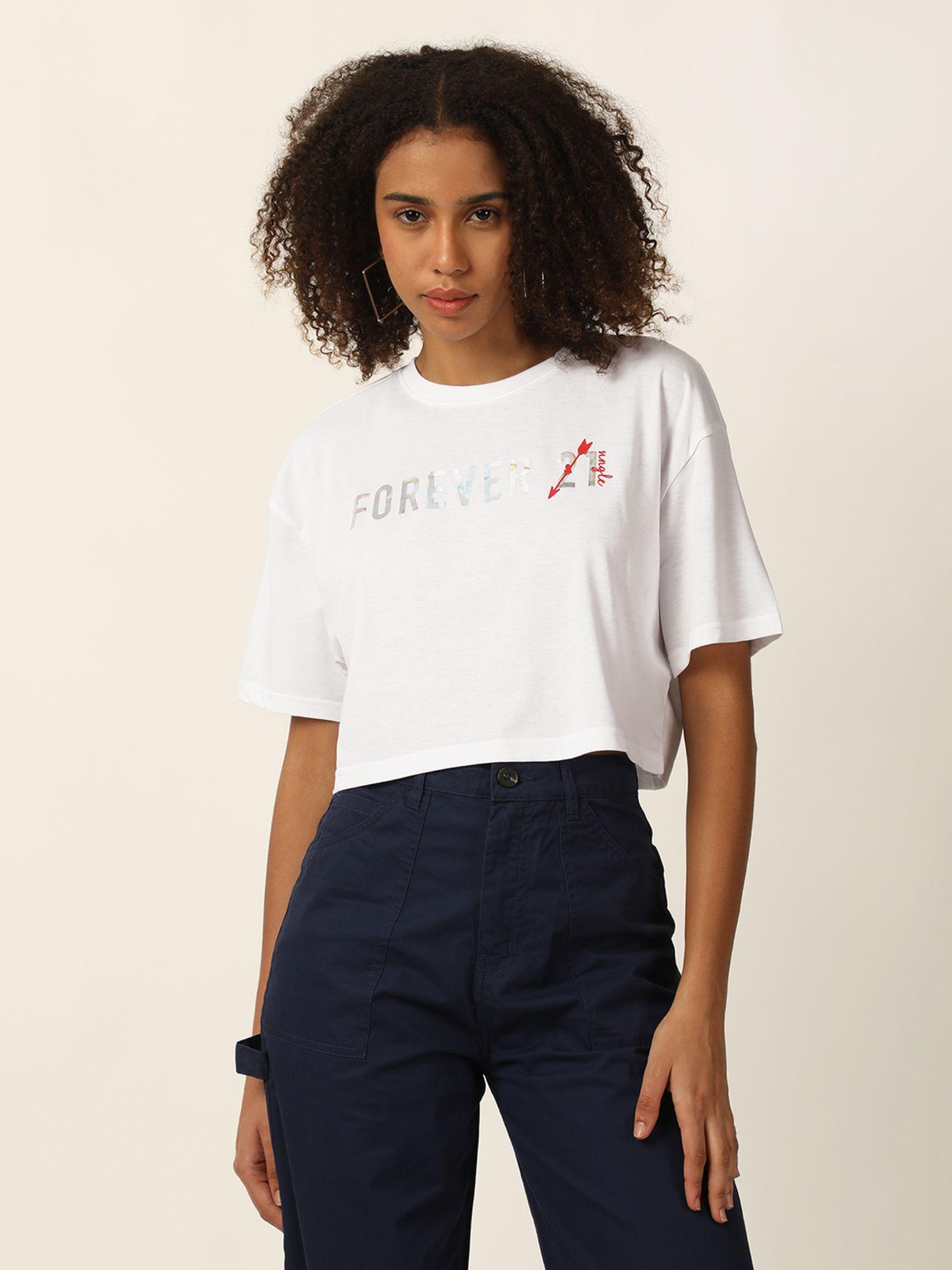 white logo printed crop t-shirt