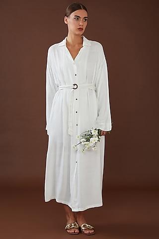 white lotus stem fiber button shirt dress