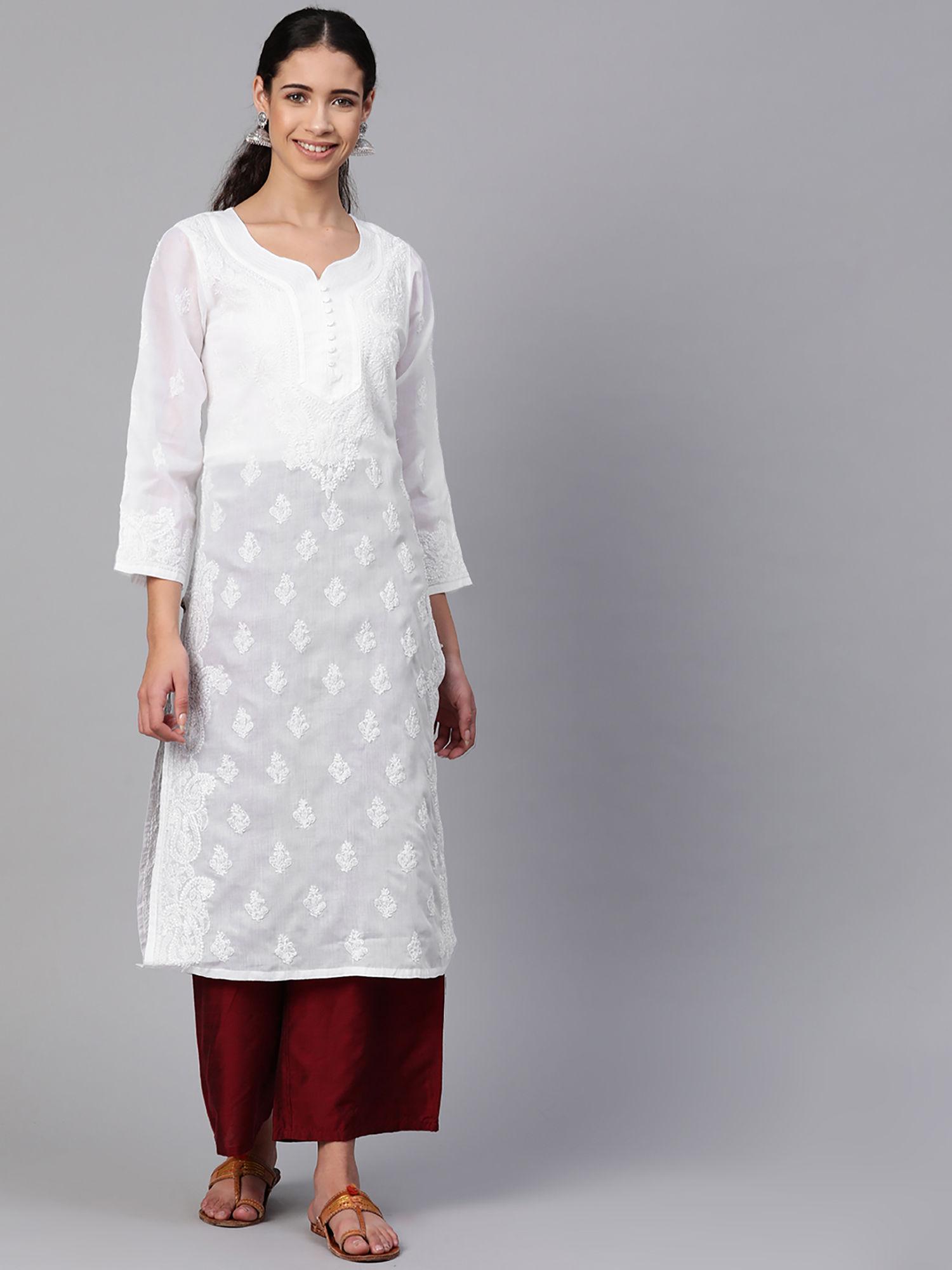 white lucknowi chikankari cotton kurta (xs) (a100356)