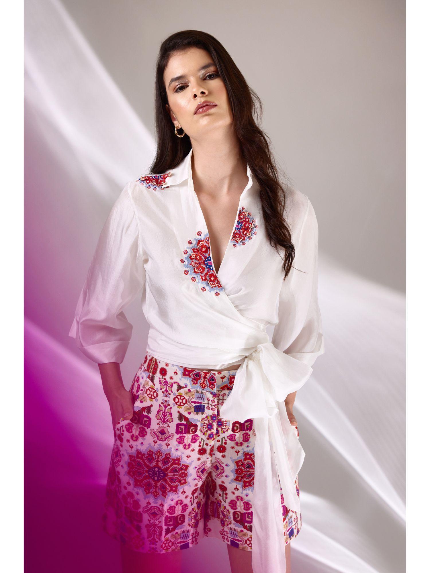 white mandala silk embroidered wrap shirt