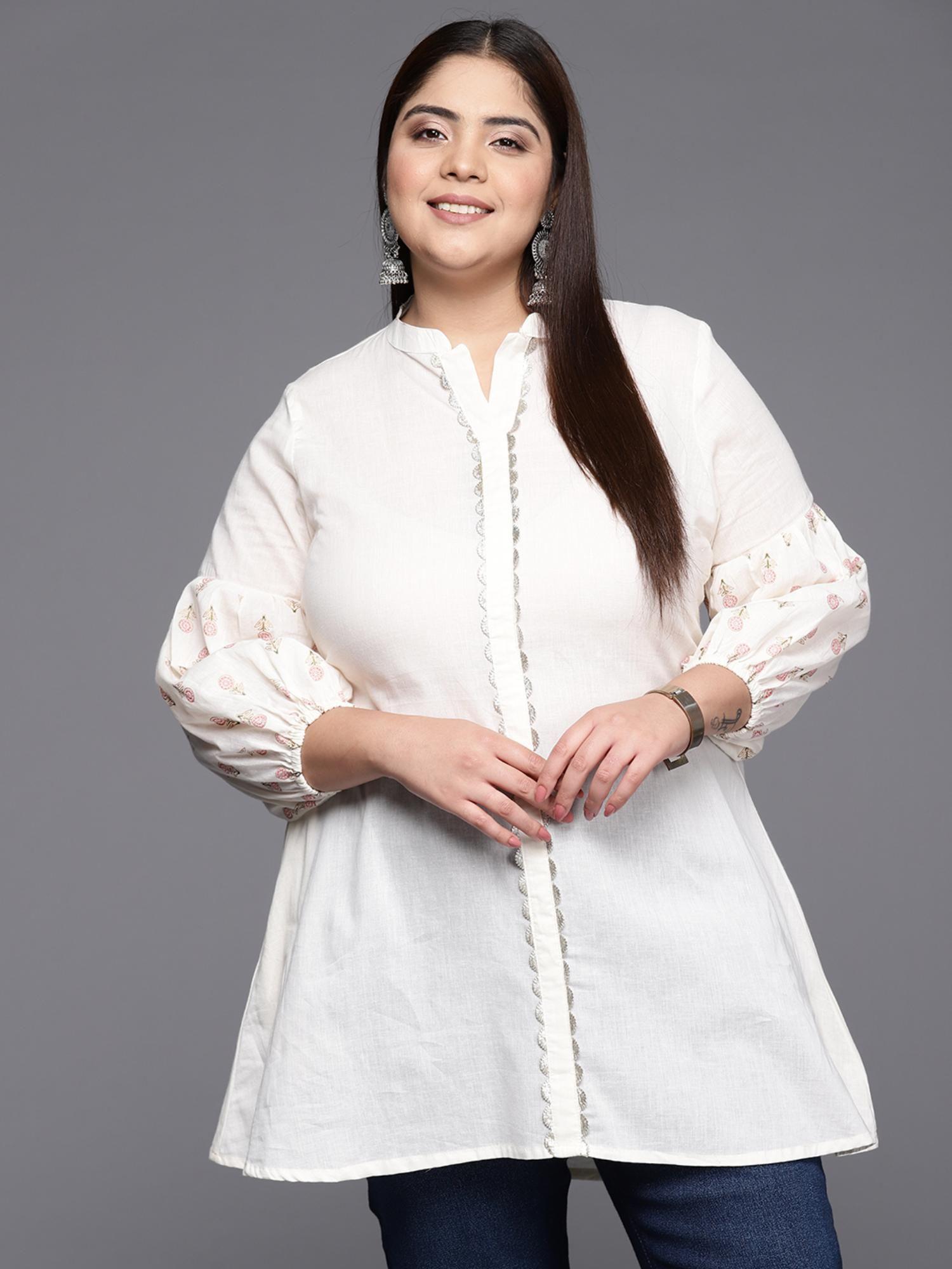 white mandarin collar printed tunic
