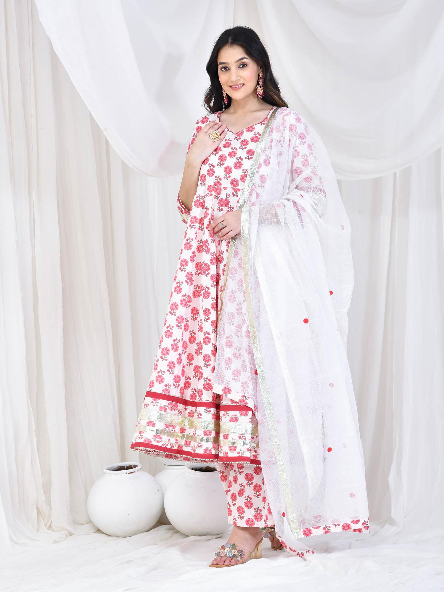 white mehai cotton anarkali with pant and dupatta (set of 3)