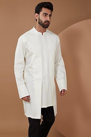 white mesh fabric & cotton handwoven metallic polymer satin shirt