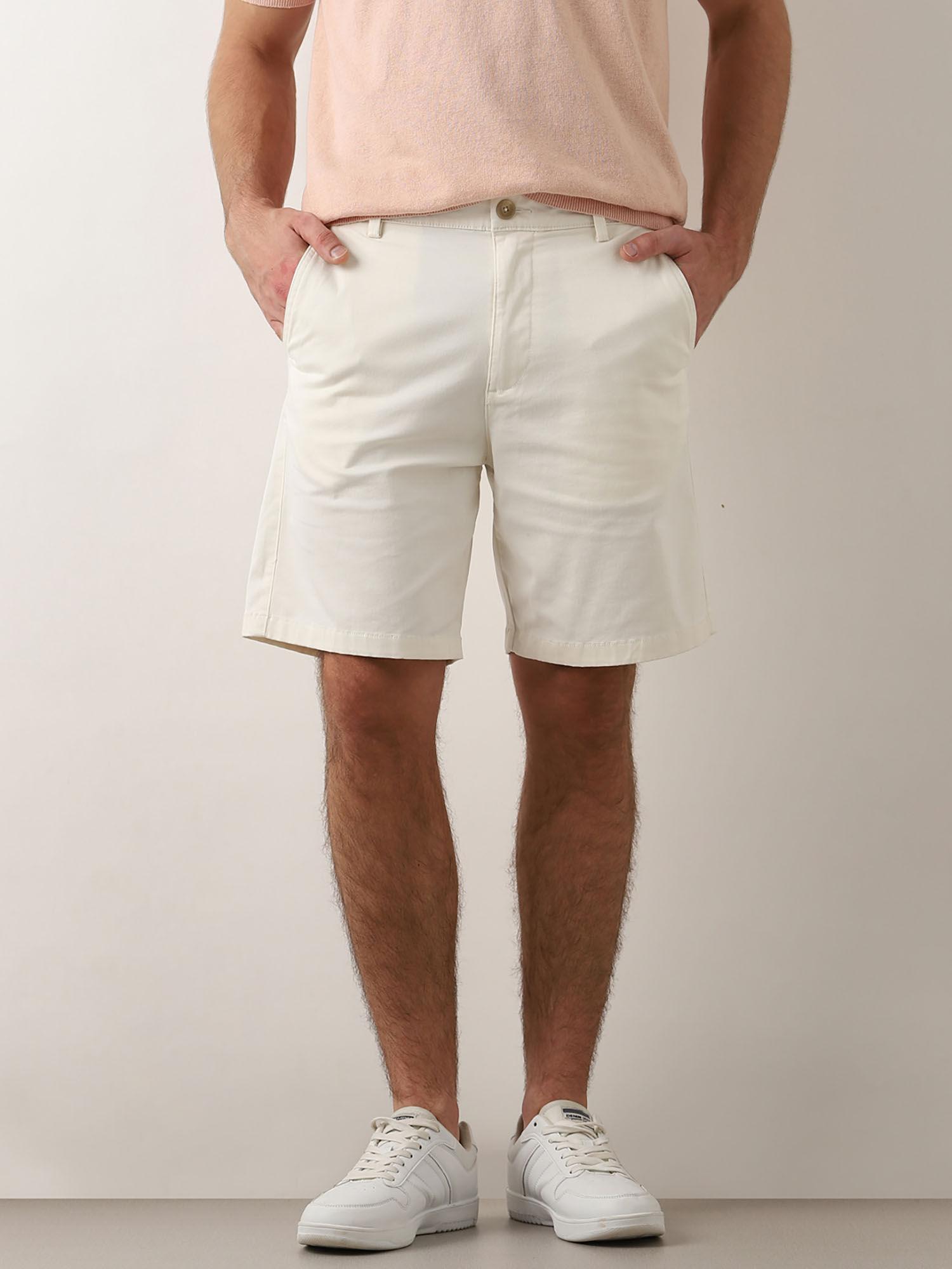 white mid rise cotton chino shorts
