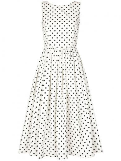 white midi dress with small polka dots