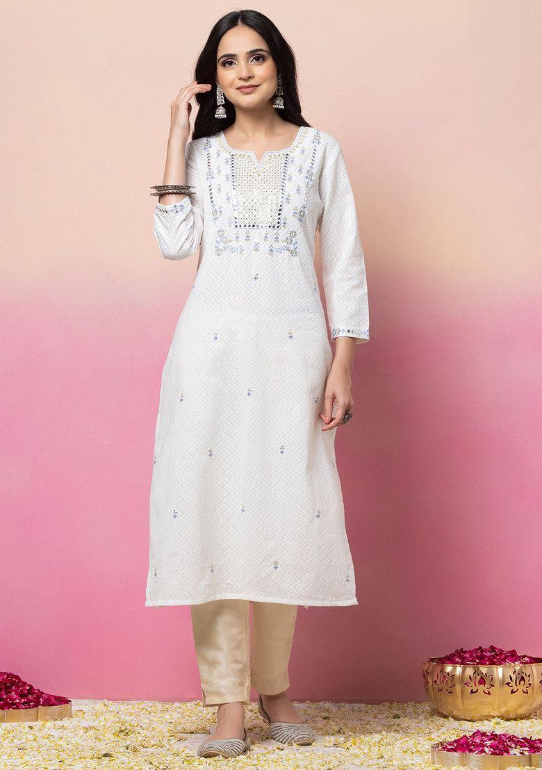 white mirror and thread embroidered straight kurta