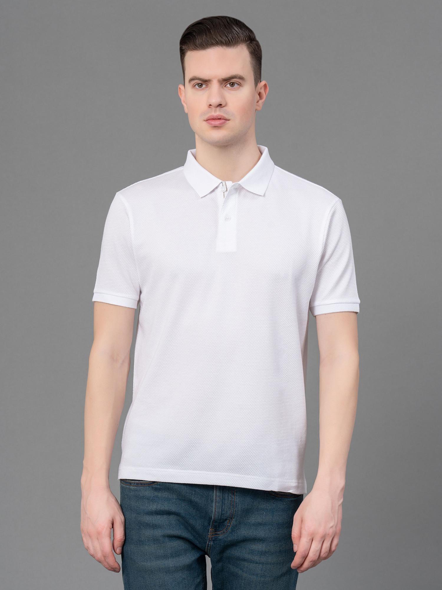 white modal poly cotton self design mens polo t-shirt