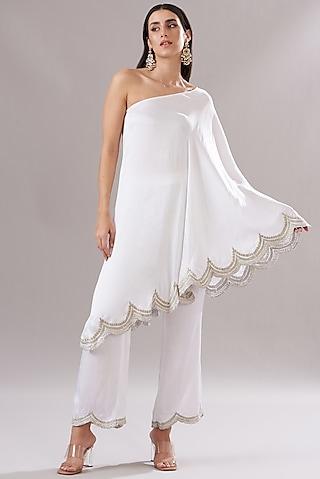 white modal satin embroidered tunic set