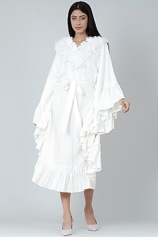 white modal satin ruffled maxi dress