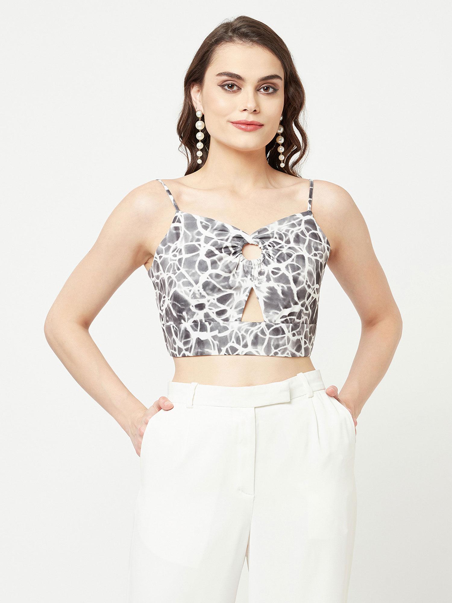 white molicule print crop top