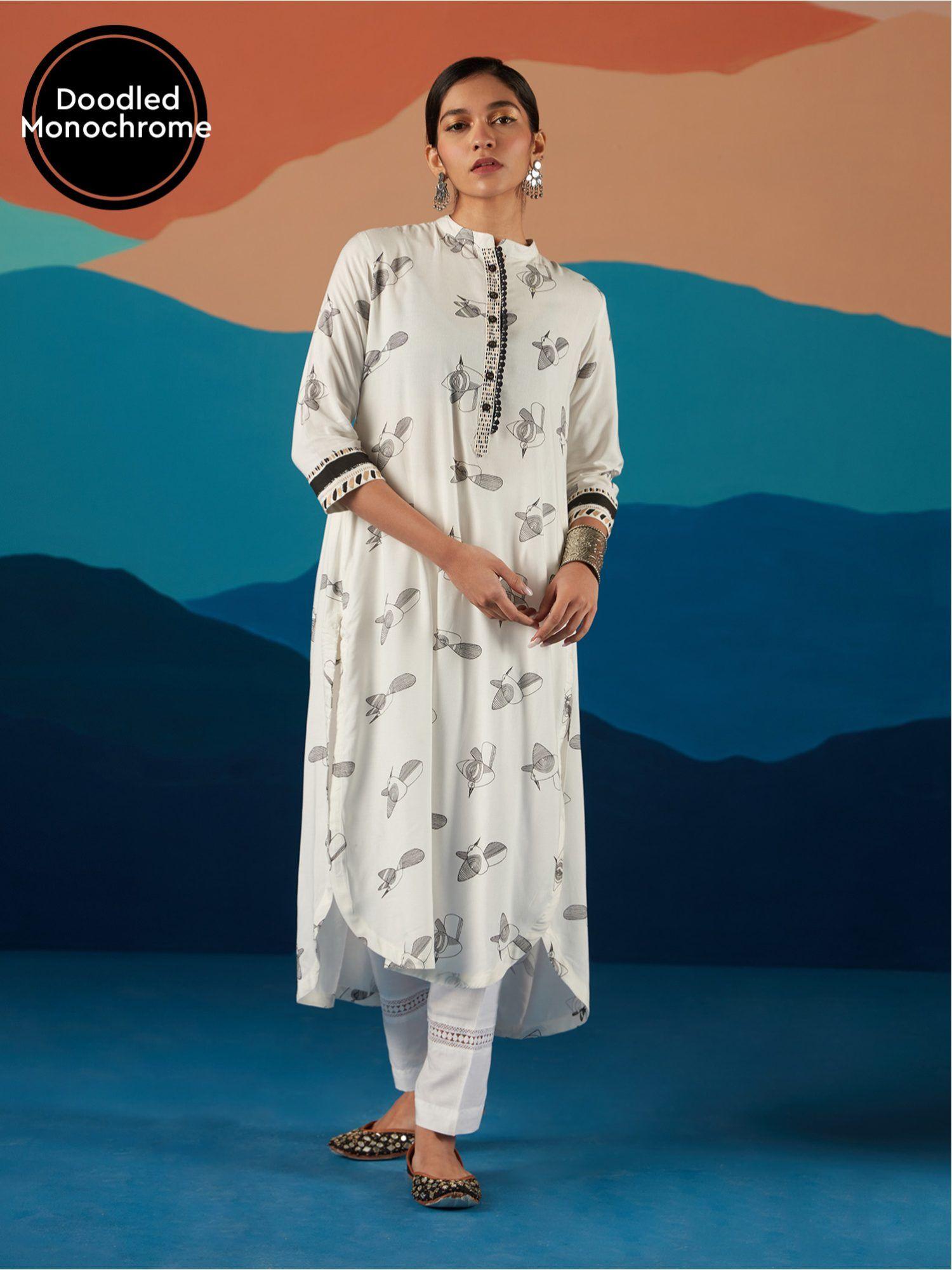 white monochrome bird printed straight kurta