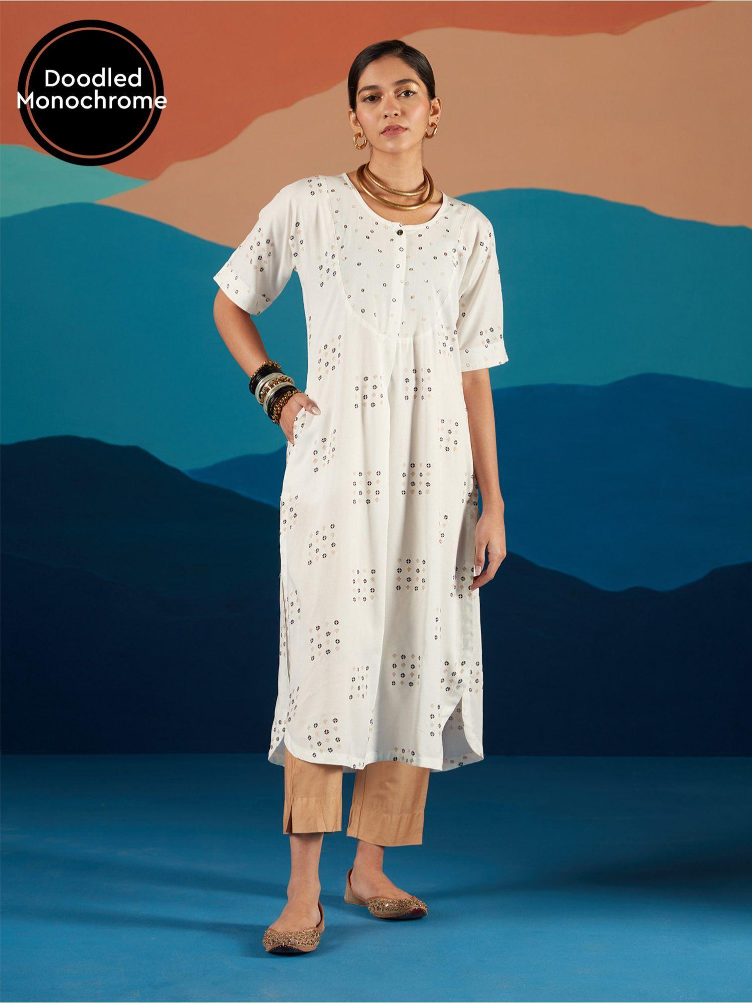 white monochrome dot printed straight kurta likkur153