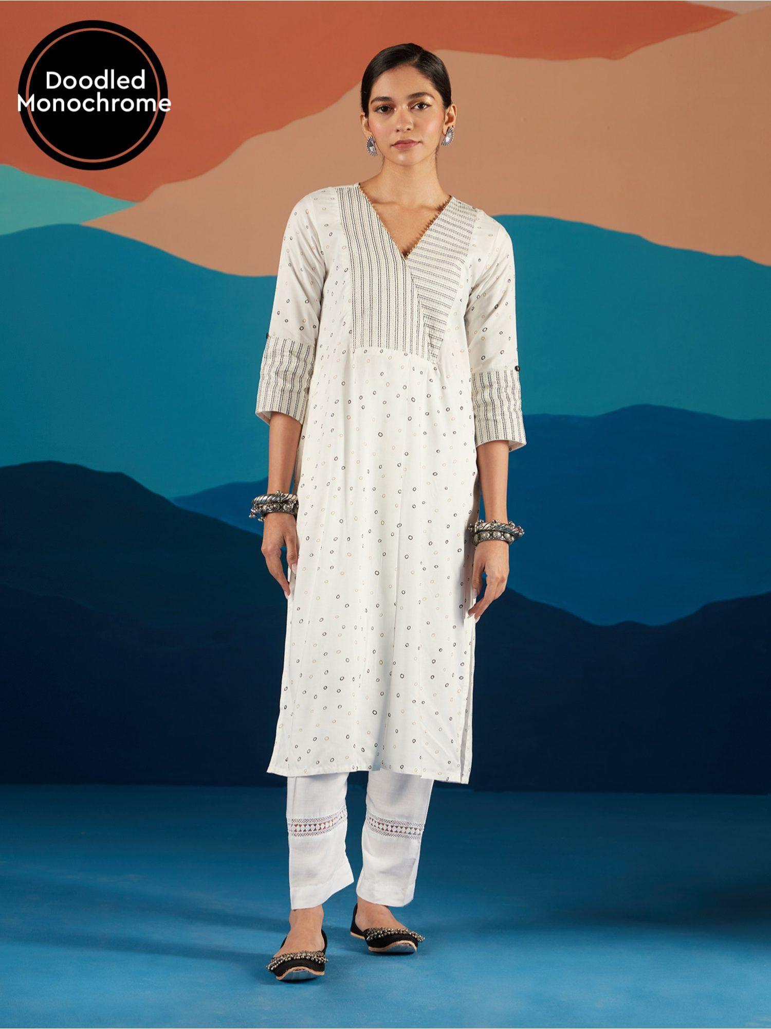 white monochrome dot printed straight kurta likkur156