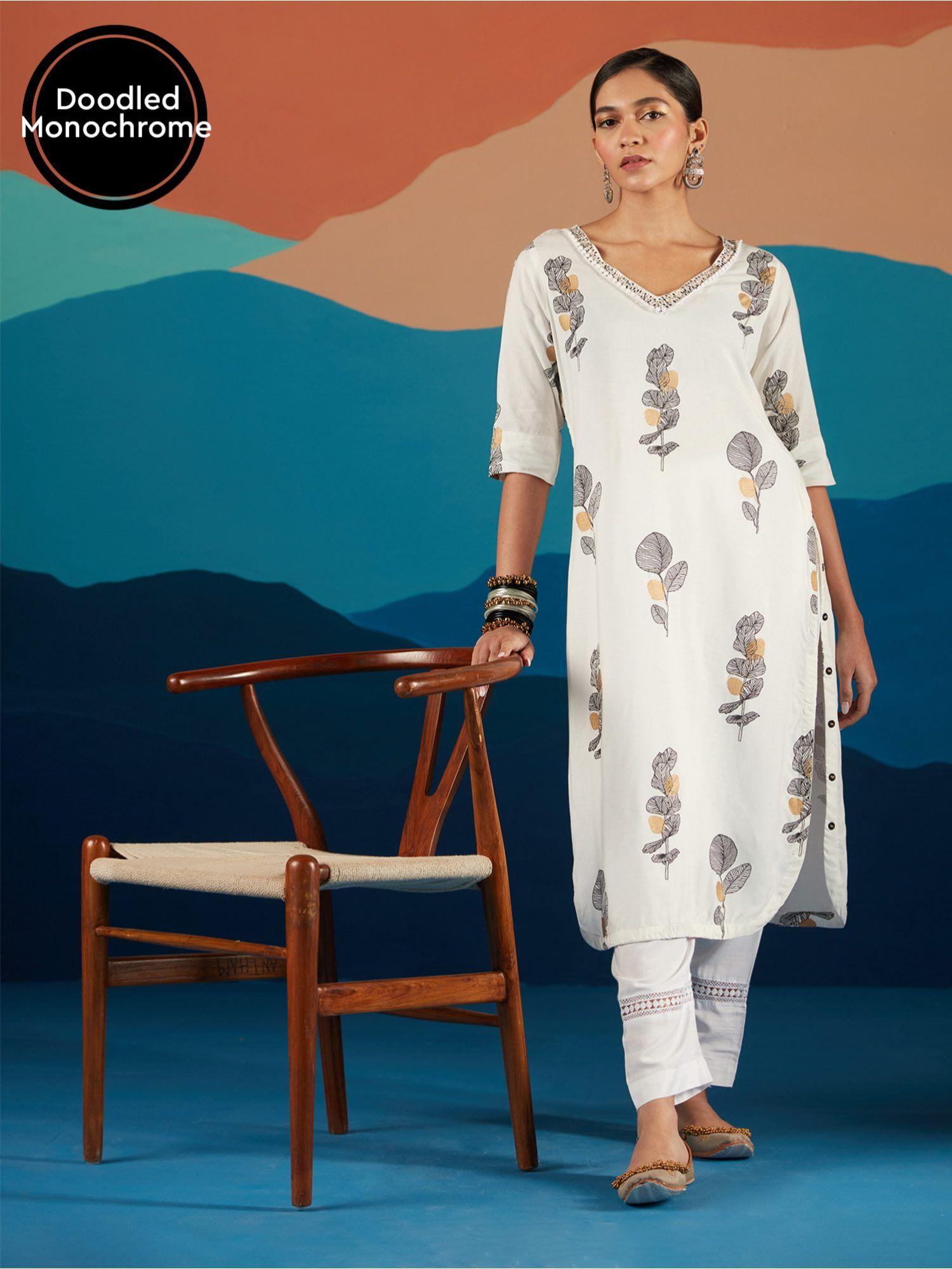 white monochrome floral printed straight kurta likkur154