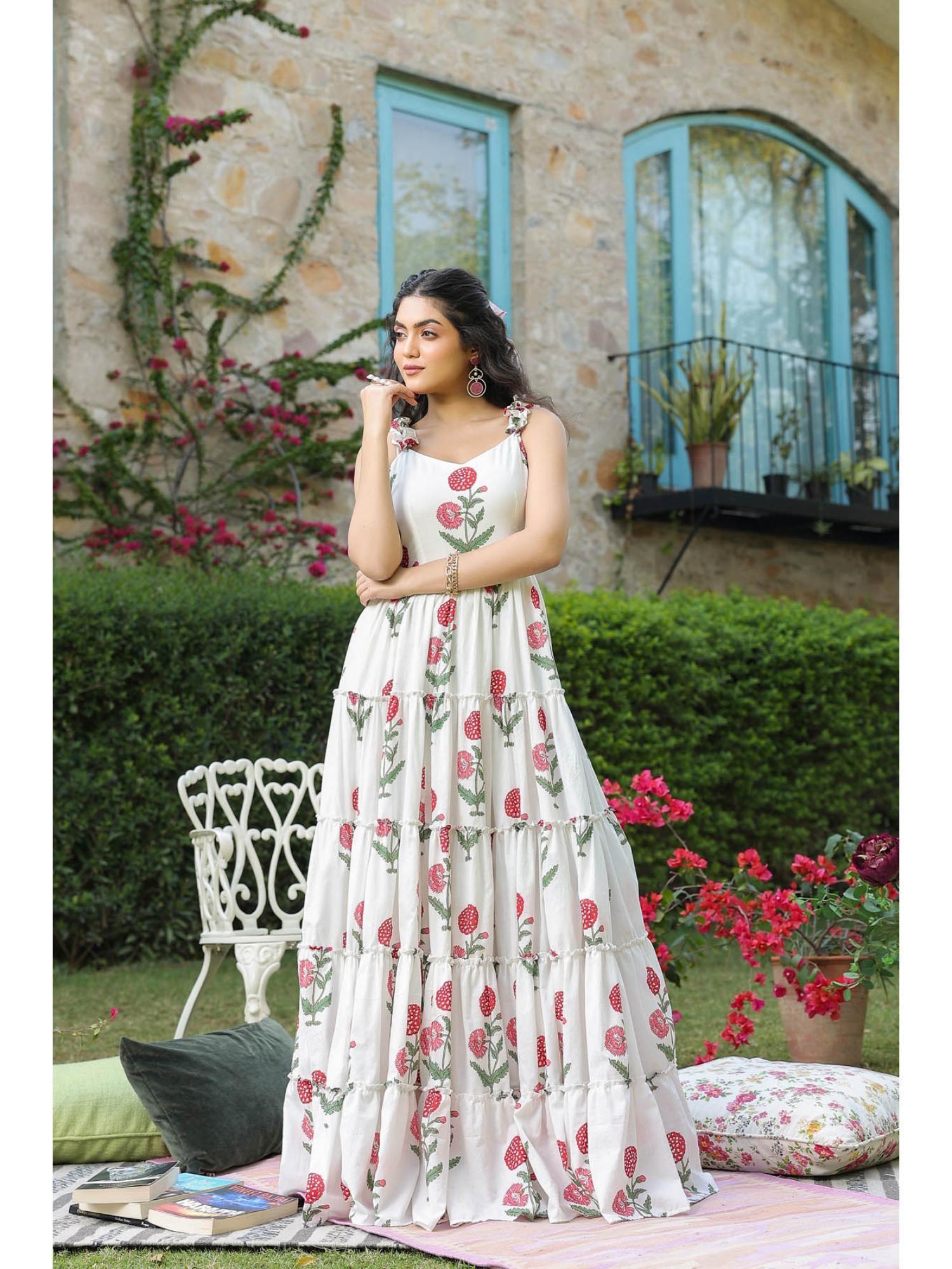 white mughal buta cotton printed dress