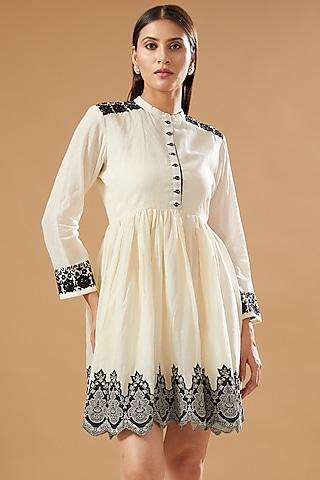 white mulmul embroidered mini dress