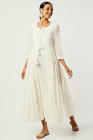 white mulmul tiered midi dress