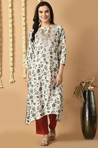 white muslin digital printed & embroidered kurta set