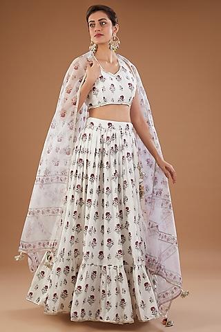 white muslin hand block printed lehenga set