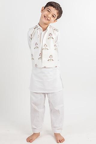 white muslin kurta set with bundi jacket for boys