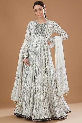 white muslin printed & embroidered anarkali set