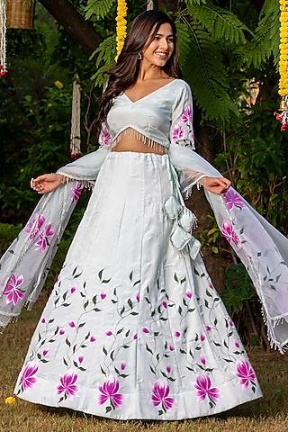 white muslin silk hand printed lehenga set