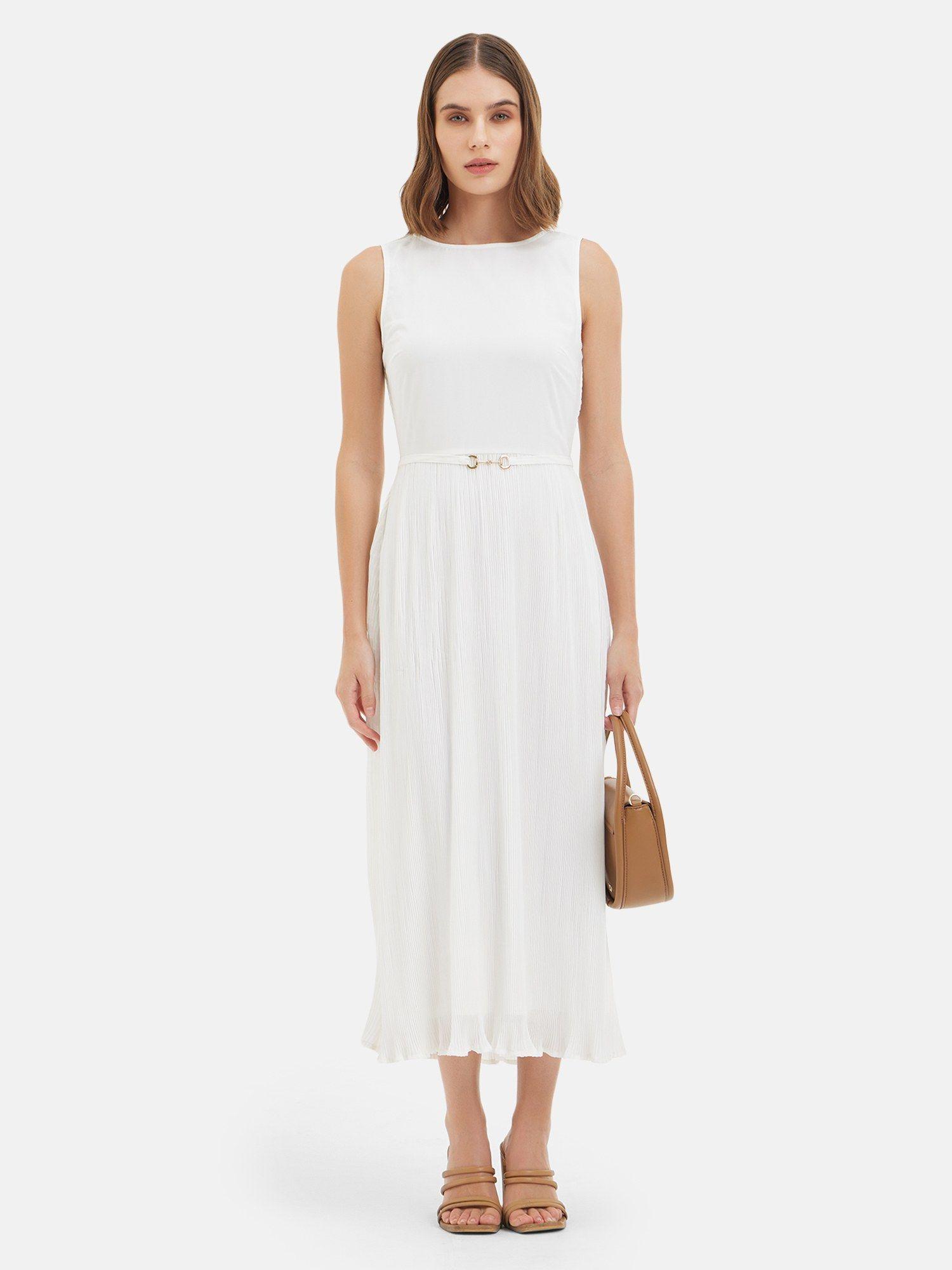 white nadia pleated midi dress & belt