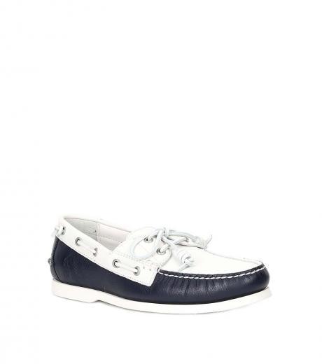 white navy blue leather loafer