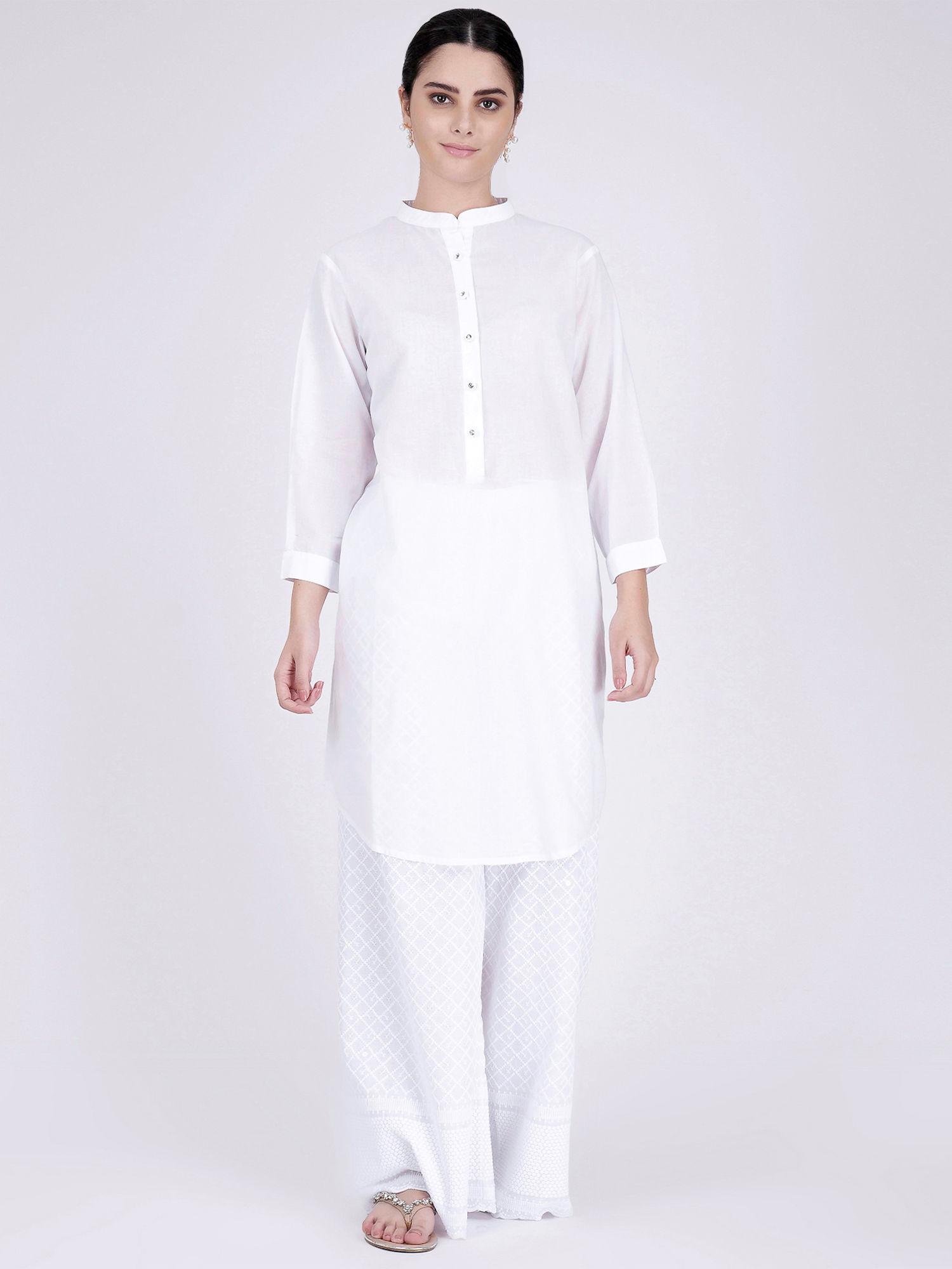 white nehru collar kurta and embroidered pants (set of 2)