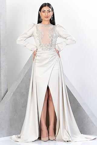 white net & poly satin crystal embellished gown