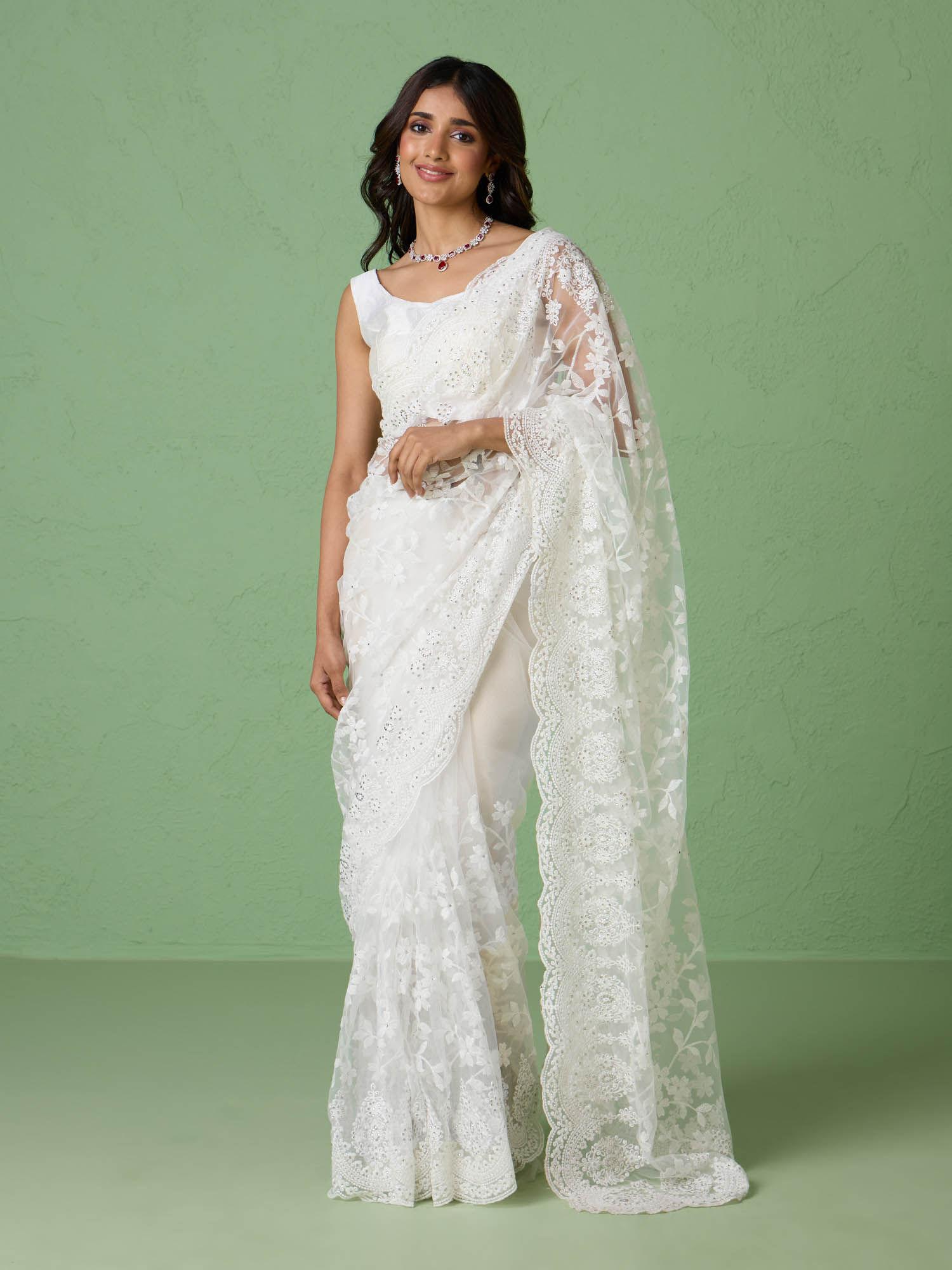 white net embellished and embroidered saree with unstitched blouse and petticoat likparsar01