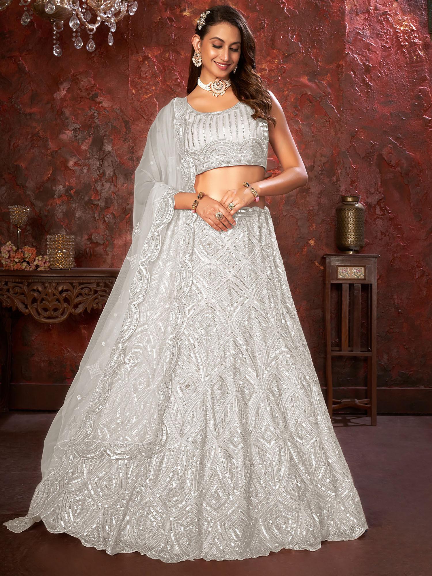 white net embellished semi stitched lehenga with unstitched blouse (set of 3)
