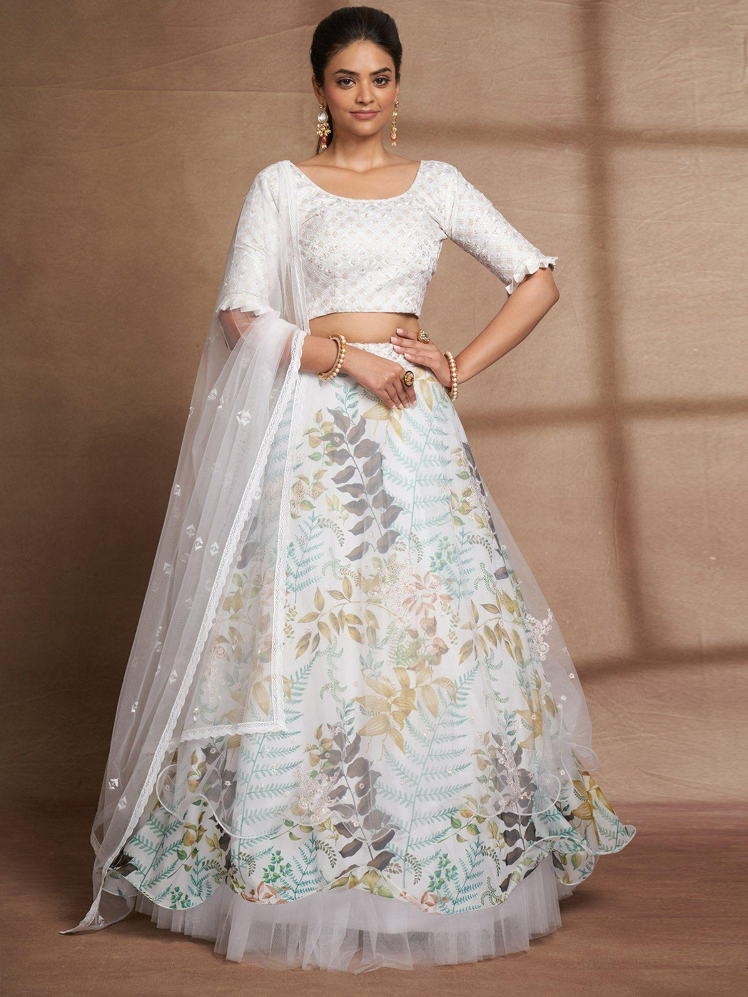white net print with sequins semi stitched lehenga choli (set of 3)