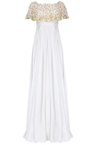 white off-shoulder cape gown