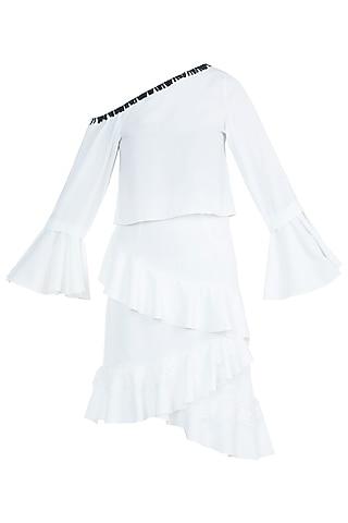 white off shoulder shirt with ruffled skirt