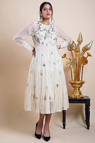 white organic cotton silk embroidered dress