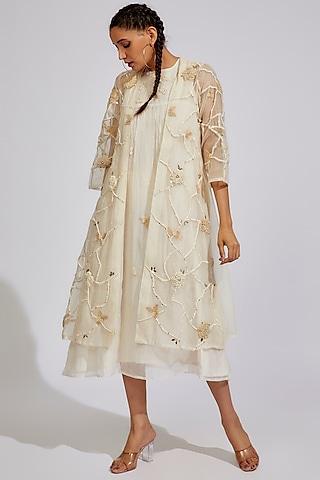 white organic cotton silk embroidered jacket dress