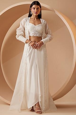 white organza embroidered cape set