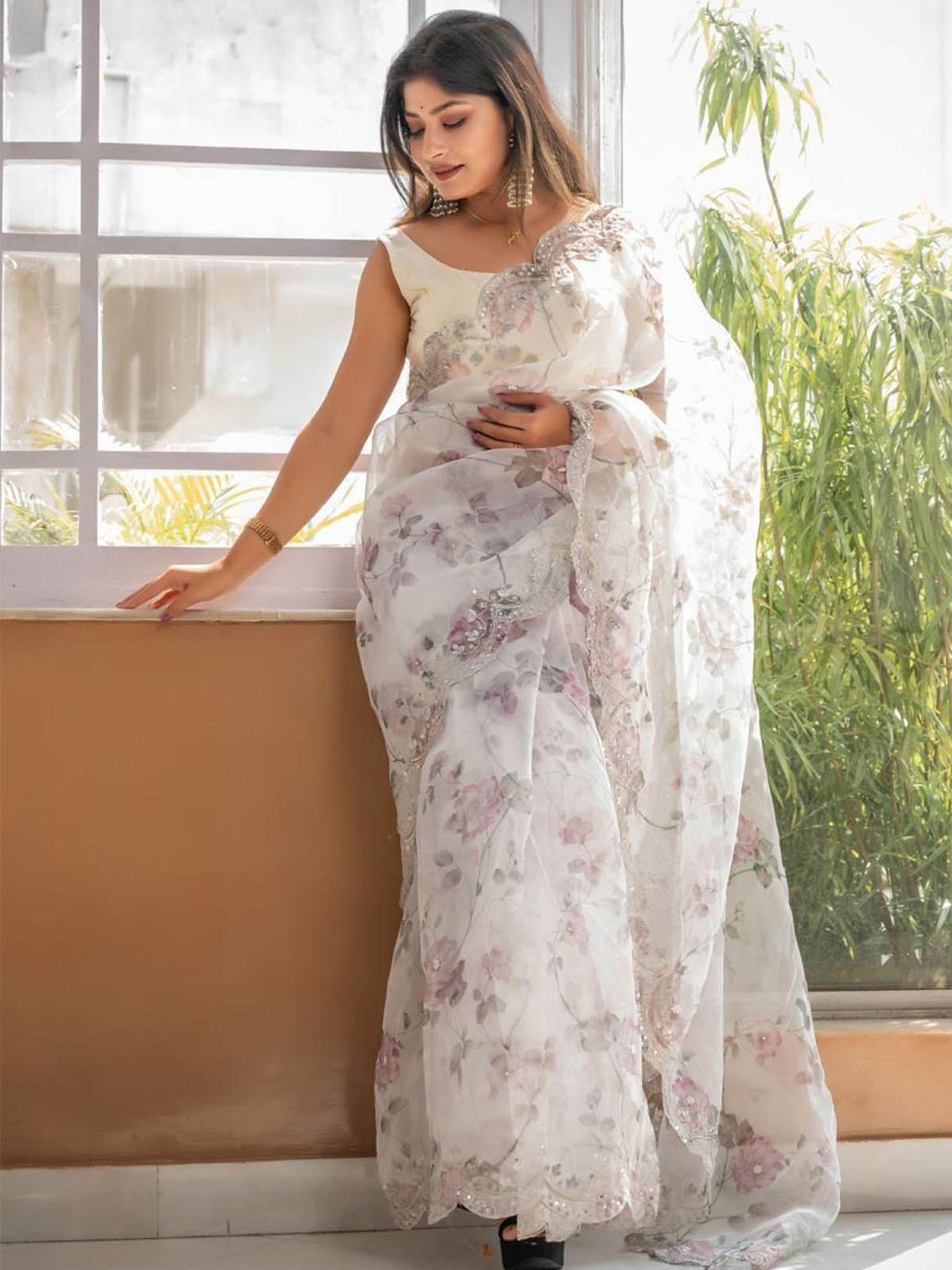 white organza floral print saree with unstitched blouse