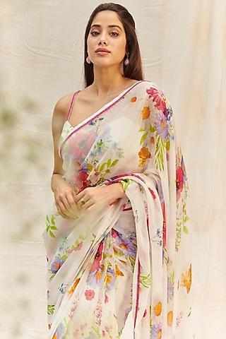 white organza floral printed & cutdana hand embroidered saree set