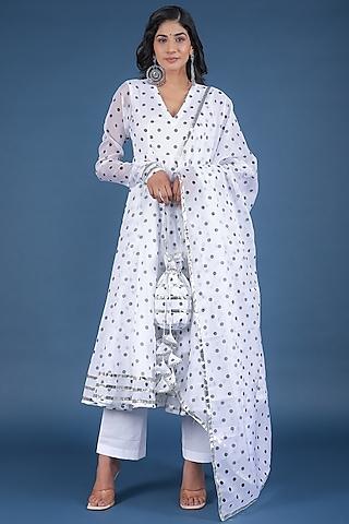 white organza polka dot printed anarkali set