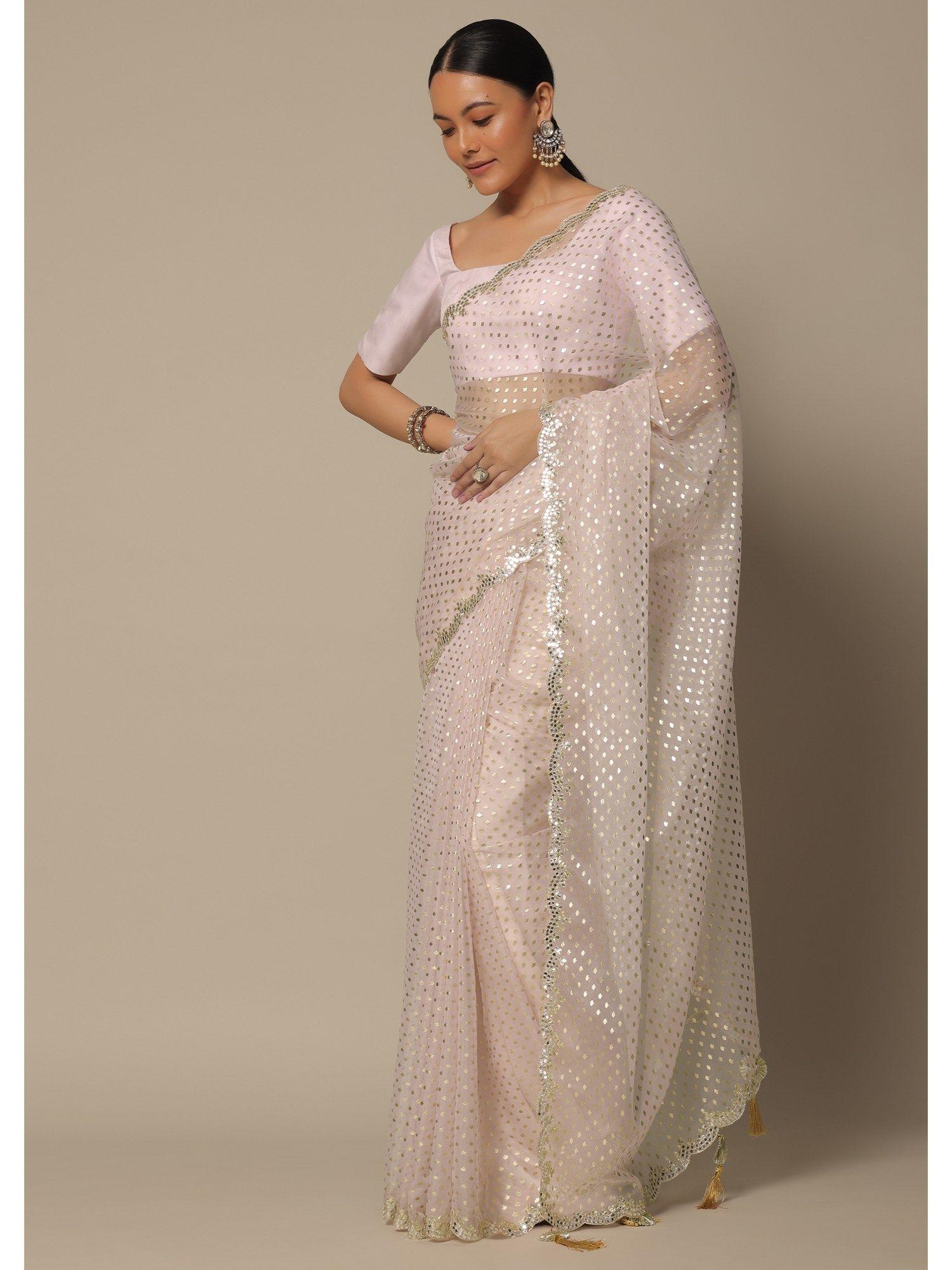 white organza pre-draped saree with foil print & unstitched blouse