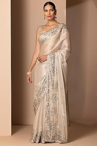 white organza rhinestone embellished saree set