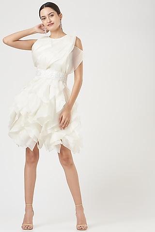 white organza ruffled dress with floral belt