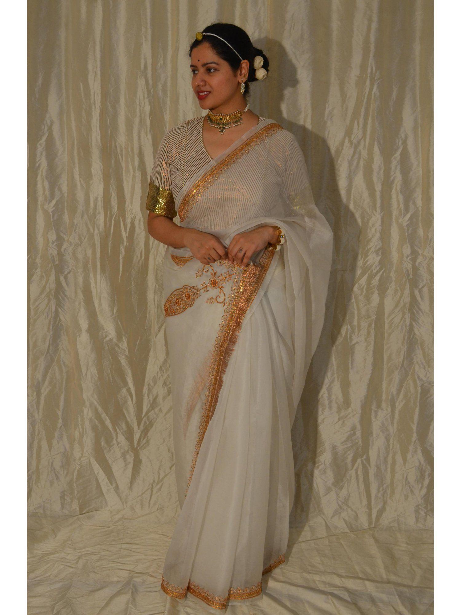 white organza zardozi saree