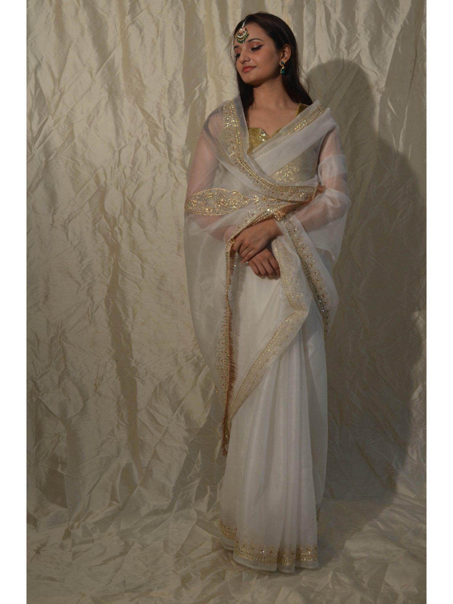 white organza zardozi saree