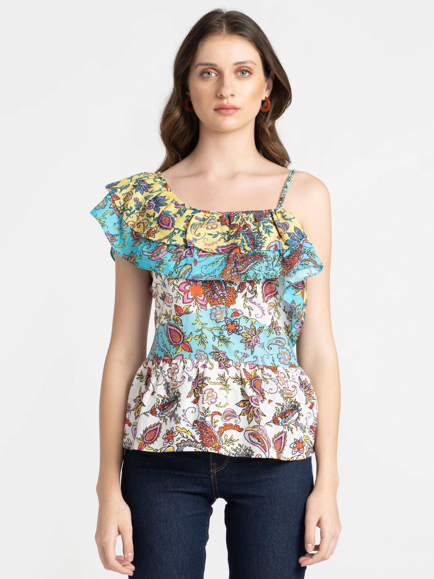 white paisley print off shoulder sleeves party top for women