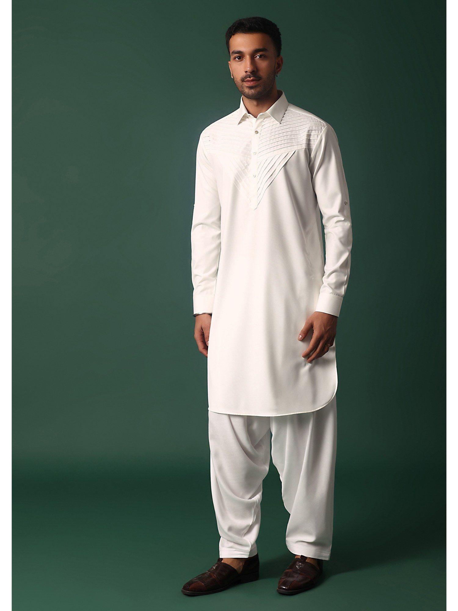 white pathani kurta with pintuck detailing work (set of 2)