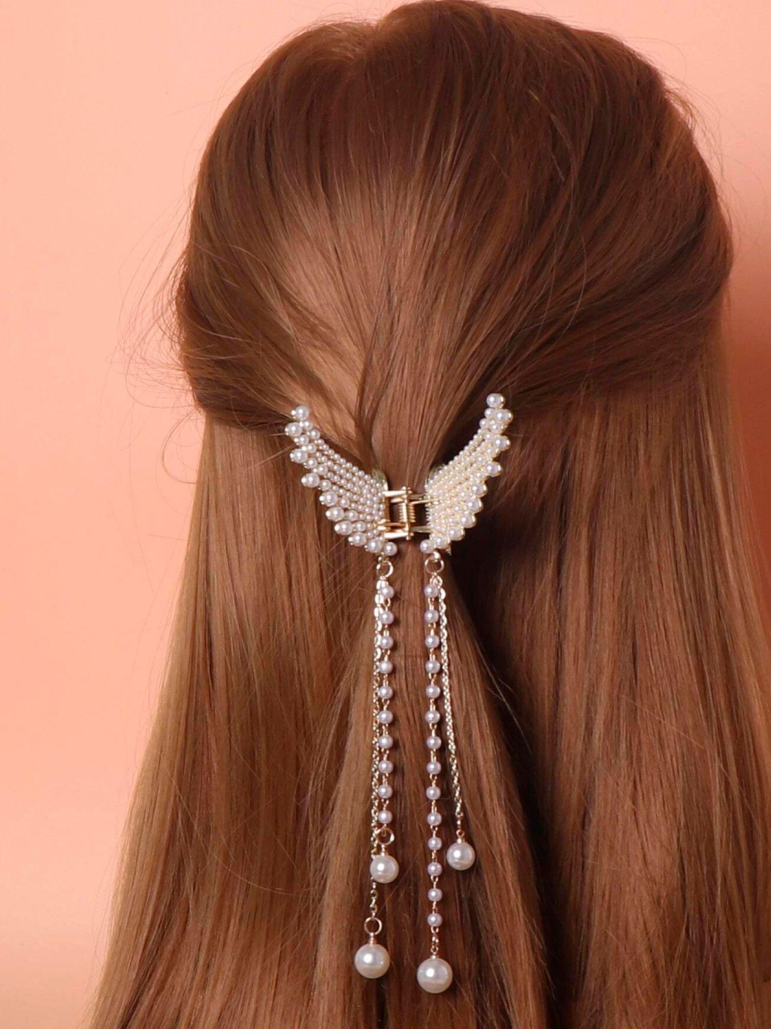 white pearls angel wings and tassel hair claw clip