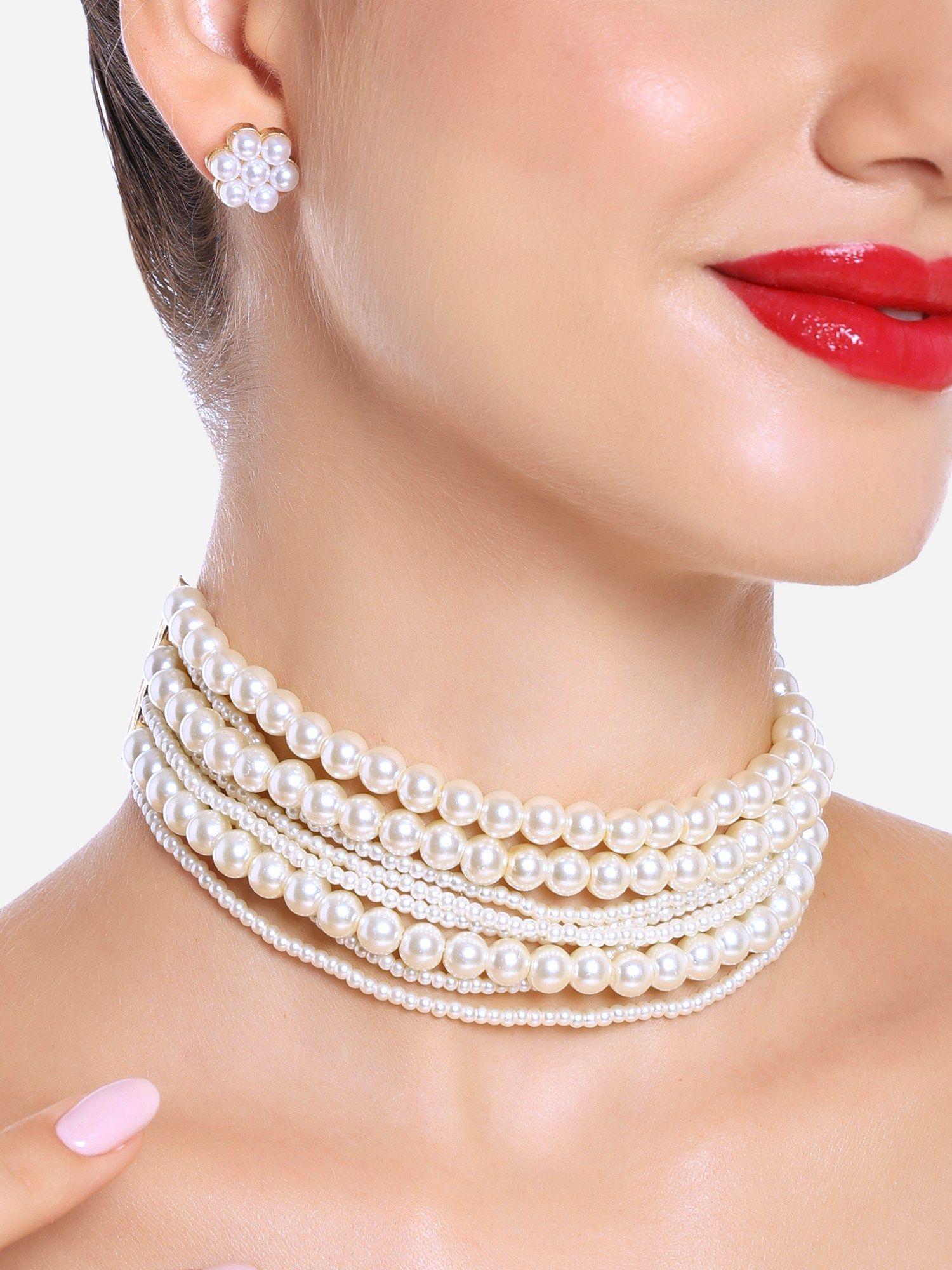 white pearls multistrand beaded choker necklace & earrings set